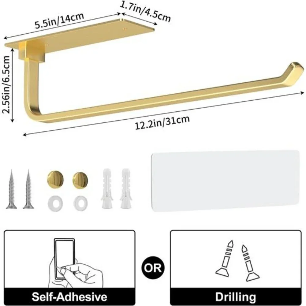Paper Towel Holder - Self-Adhesive or Drilling, Gold, Upgraded Aluminum Kitchen
